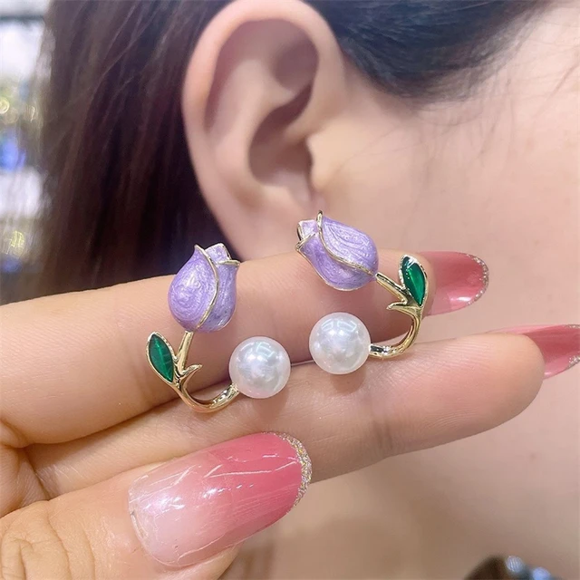 Korean Lavender Tulip Pearl Flower Earrings