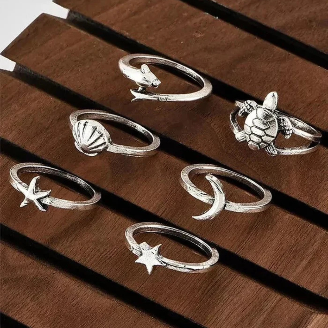 6pcs Silver Wide Kachua, Star, Moon Rings Set For Women Fashion