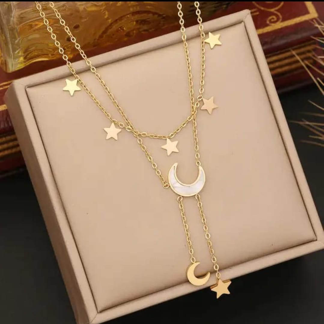 Gold Stainless Steel Moon Star Artificial Necklace Jewelry