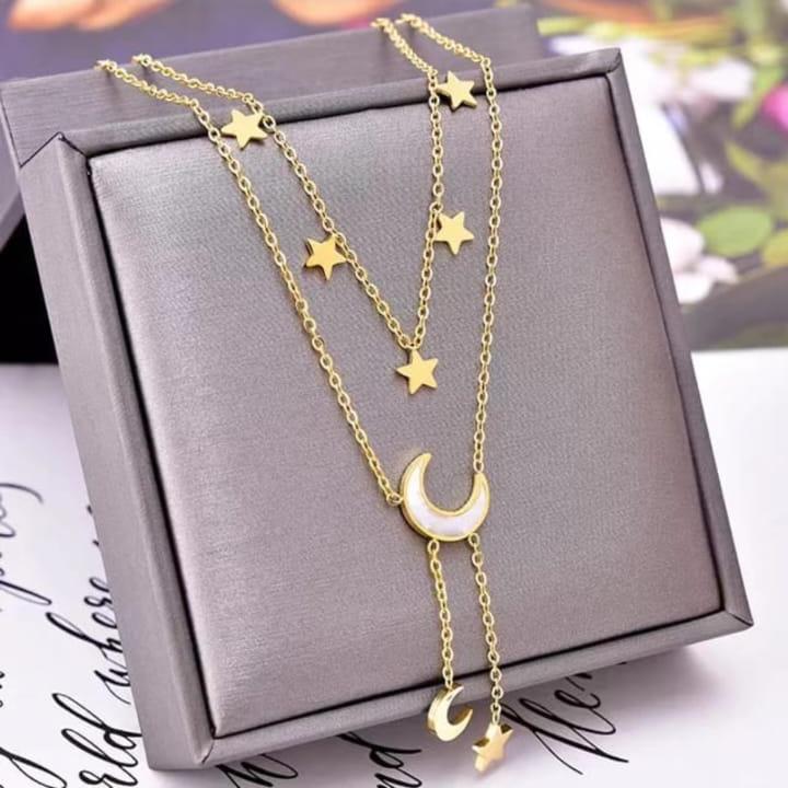 Gold Stainless Steel Moon Star Artificial Necklace Jewelry