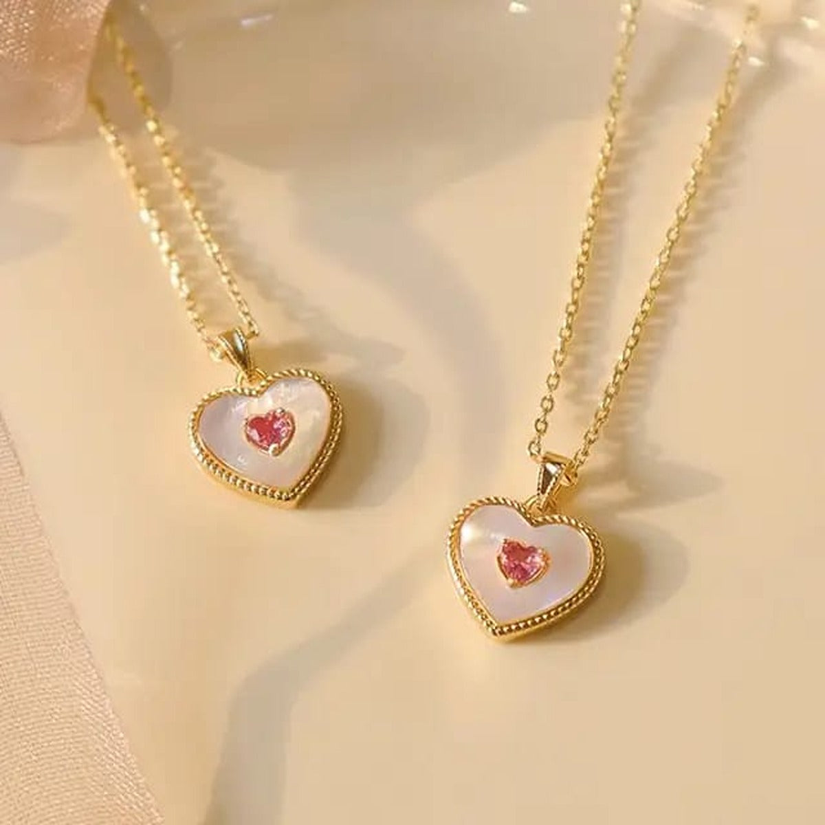 Natural Mother of pearl heart necklace, Pink Tourmaline heart, gold heart charm necklace