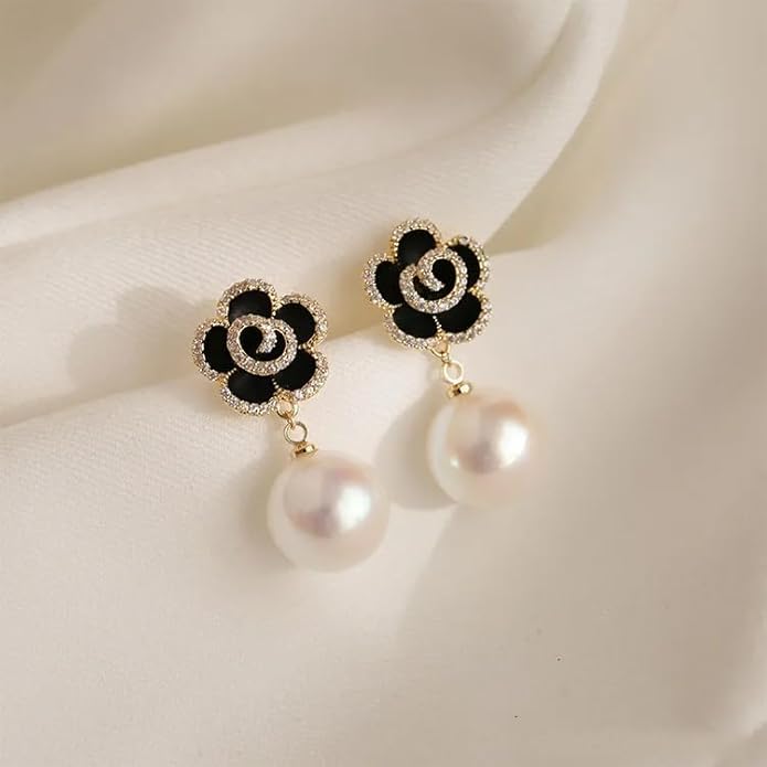 Black rose earrings Latest Korean design Black color with Zircon & big pearl