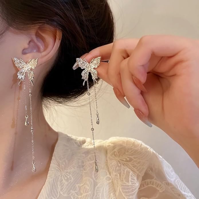 Elegant Silver Butterfly Drop Earrings