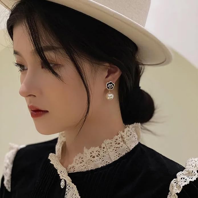 Black rose earrings Latest Korean design Black color with Zircon & big pearl