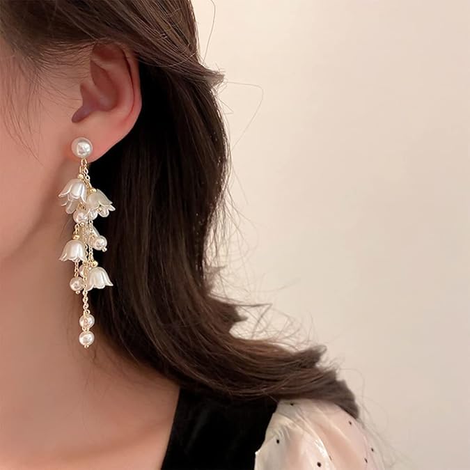 Korean Pearl Bell Orchid Flower Vintage Earrings