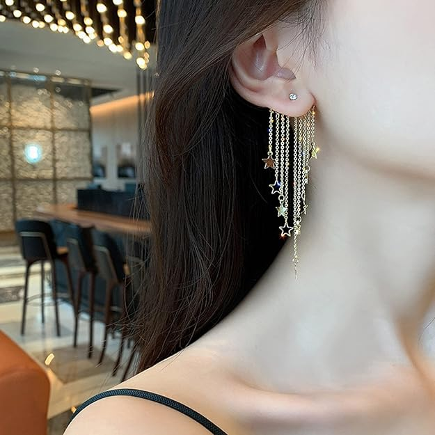 Celestial Dangle Star Earrings – Long Layered Chains with Gold Plated Star Charms