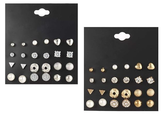 Set of 12 Stud Earrings  Gold & Silver