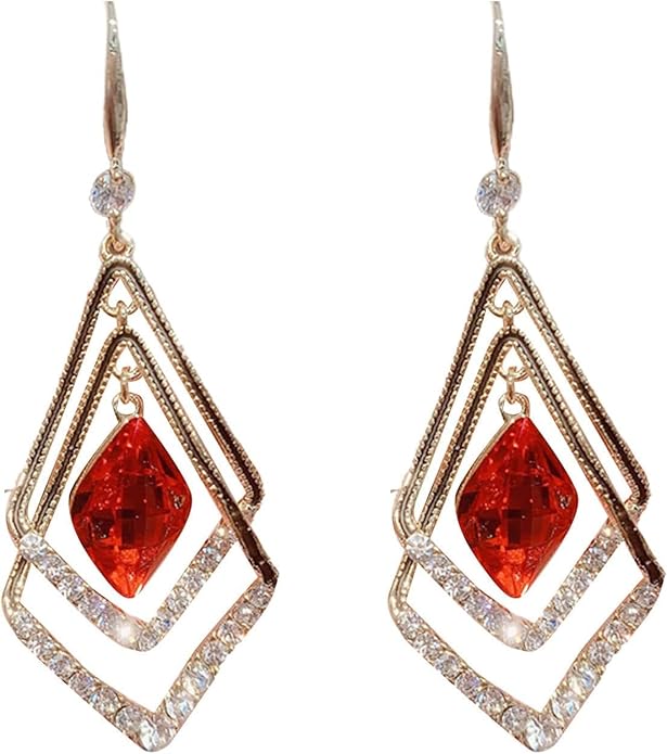 Traingle Shape Red Crystal Korean Earring