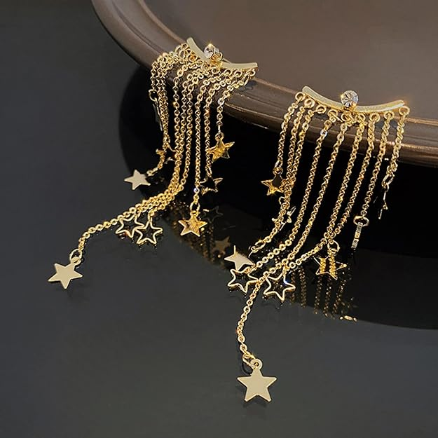 Celestial Dangle Star Earrings – Long Layered Chains with Gold Plated Star Charms