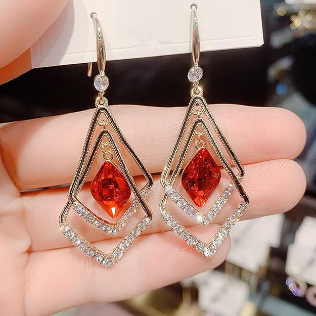 Traingle Shape Red Crystal Korean Earring