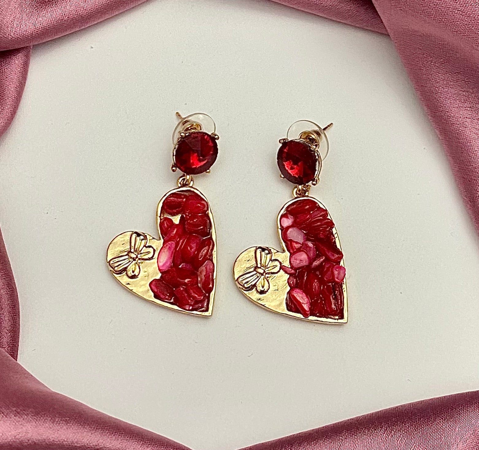 Red Uncut Stone Heart Shape Korean Earrings