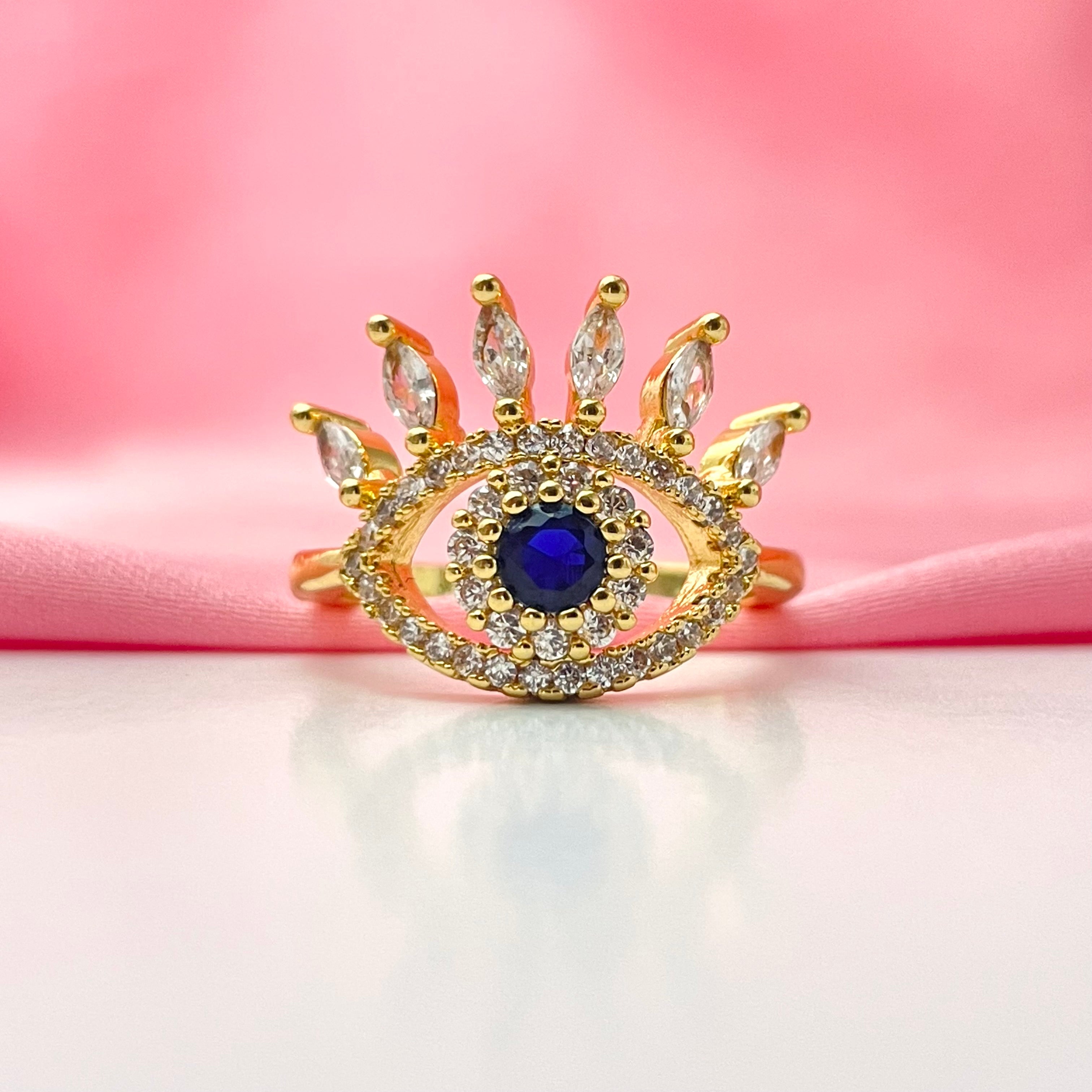 Adjustable Golden Stone Studded Blue Evil Eye Ring