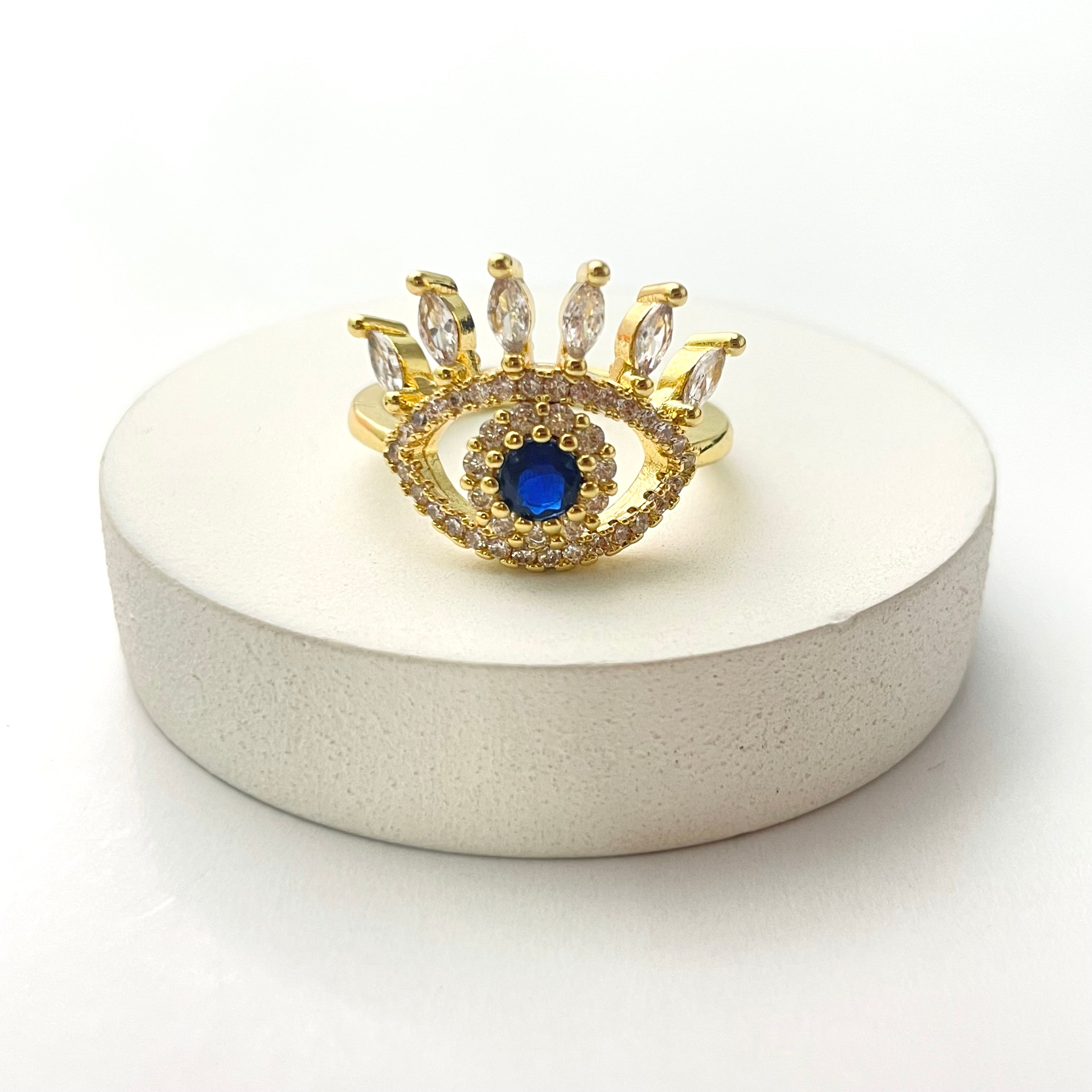 Adjustable Golden Stone Studded Blue Evil Eye Ring