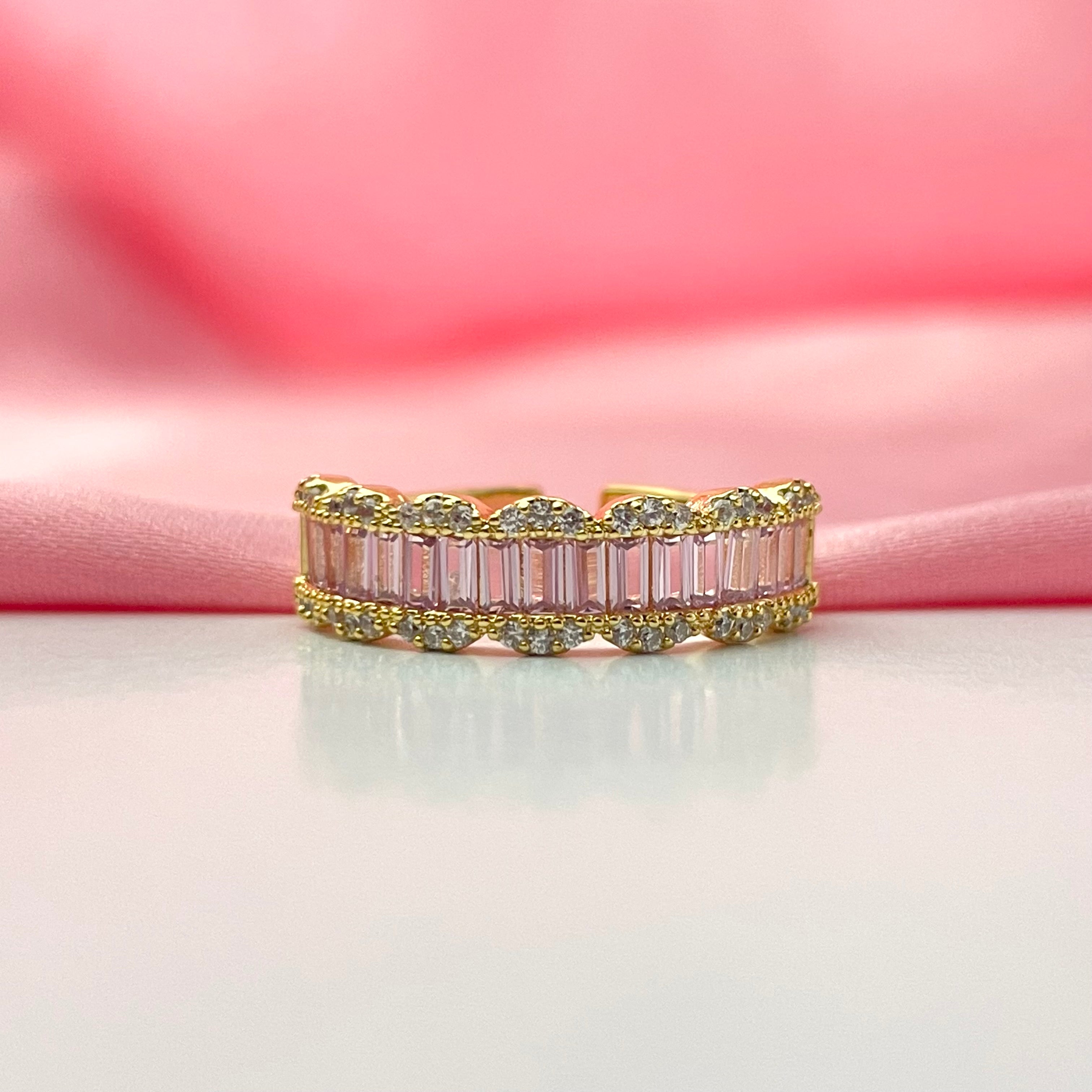 Adjustable Golden Stone Studded Pink Cubic Zirconia Ring