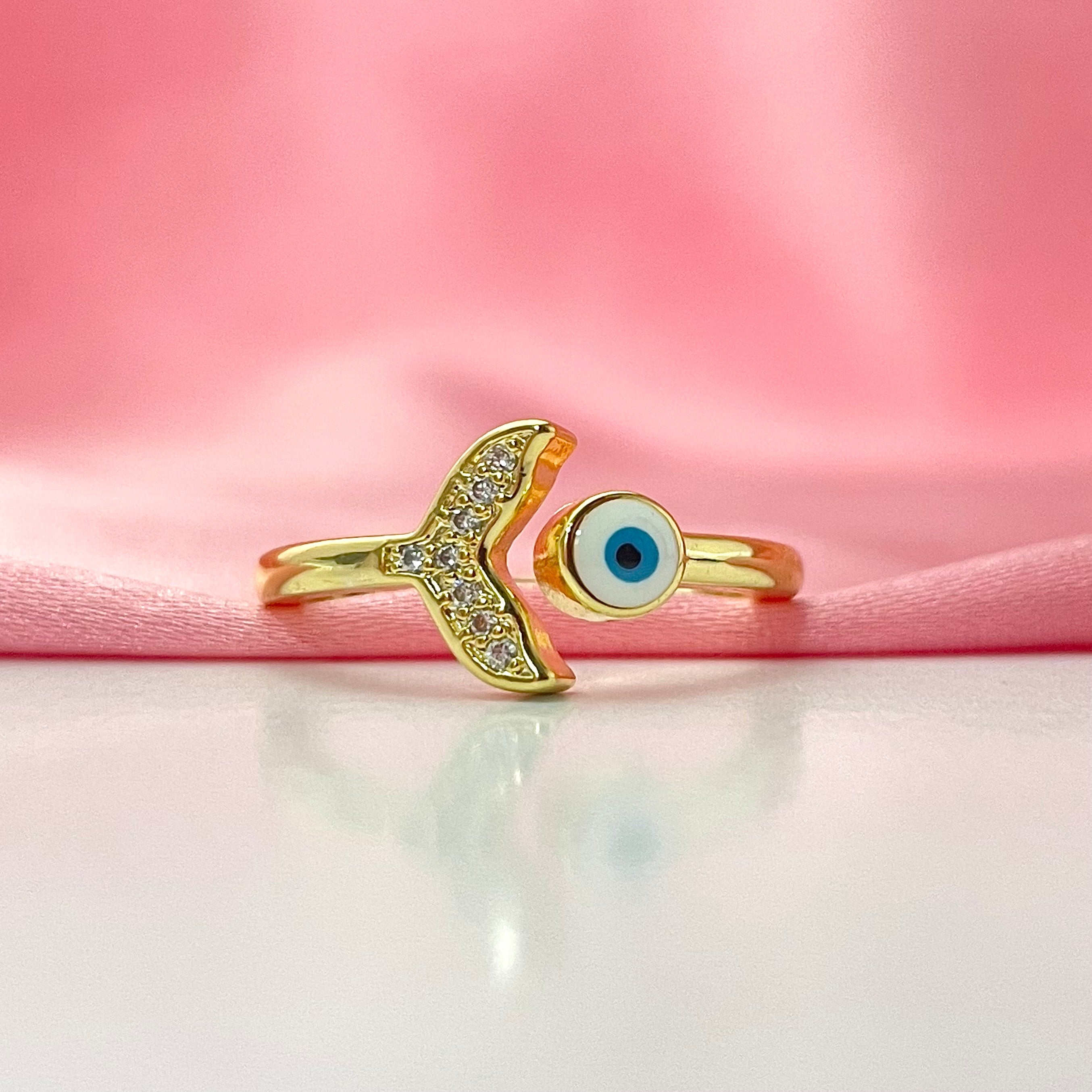 Adjustable Golden Stone Studded White Evil Eye Tail Ring