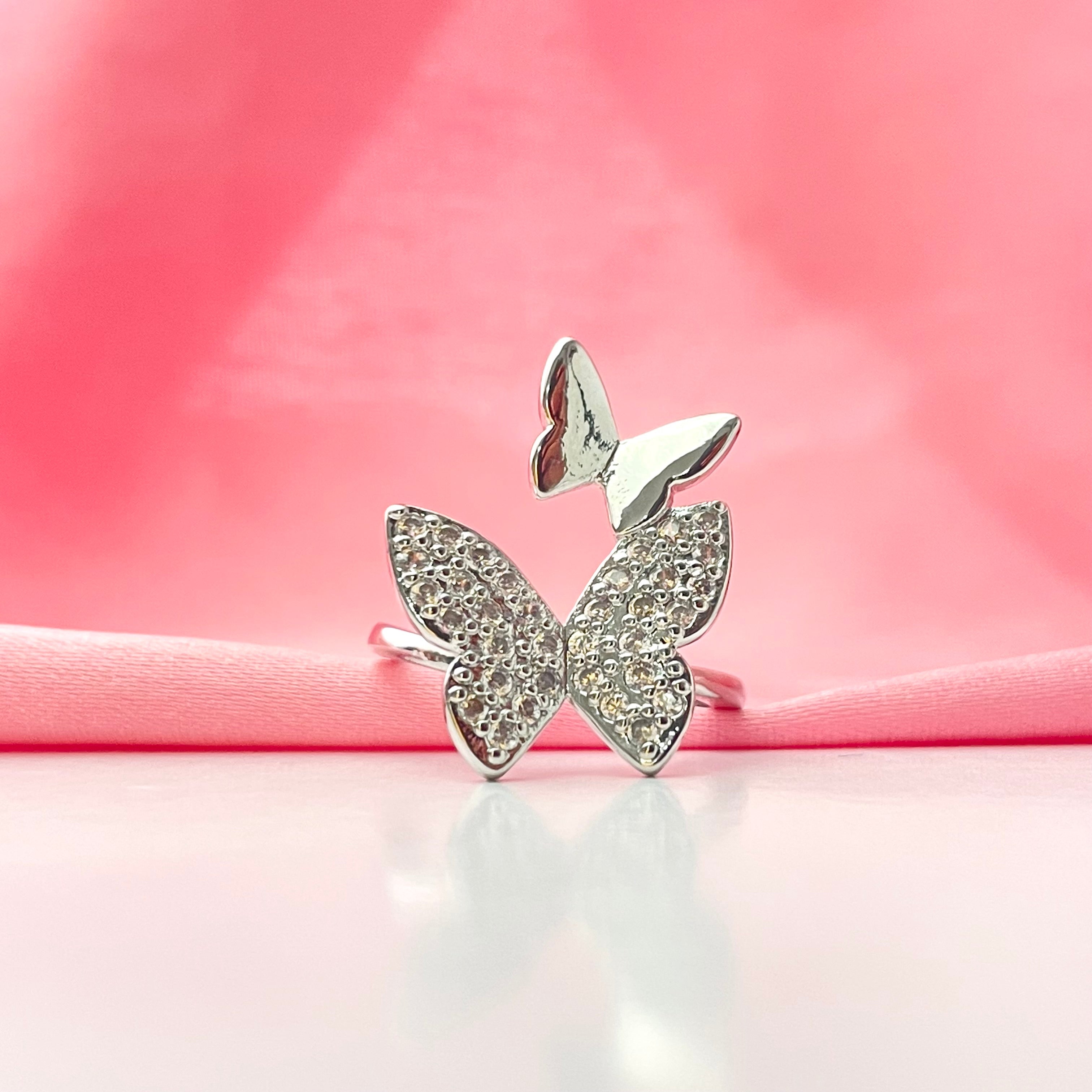 Adjustable Silver Double Stone Studded Butterflies Ring