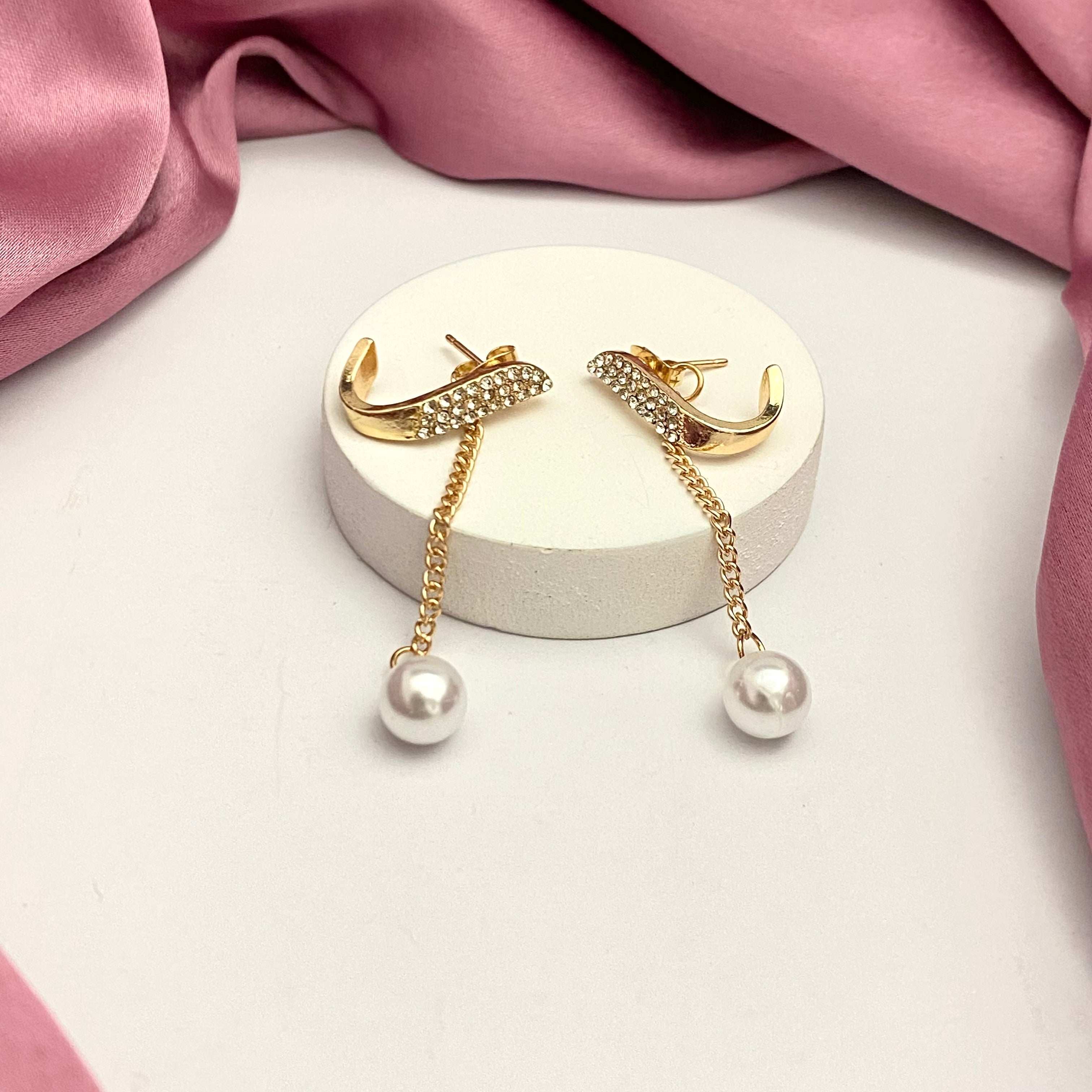 Stone Studded Pearl Drop Korean Earrings