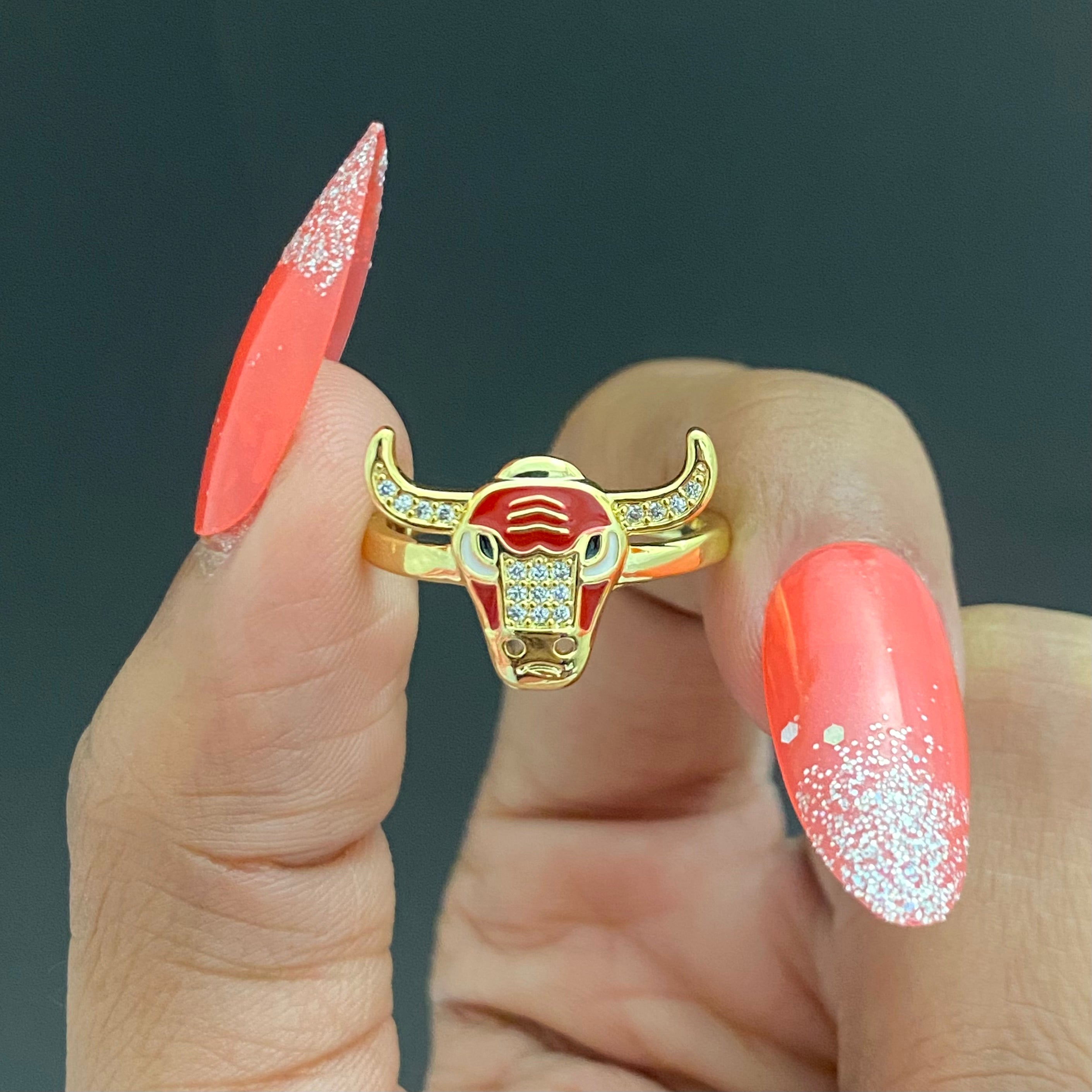 Adjustable Golden Stone Studded Red Bull Ring