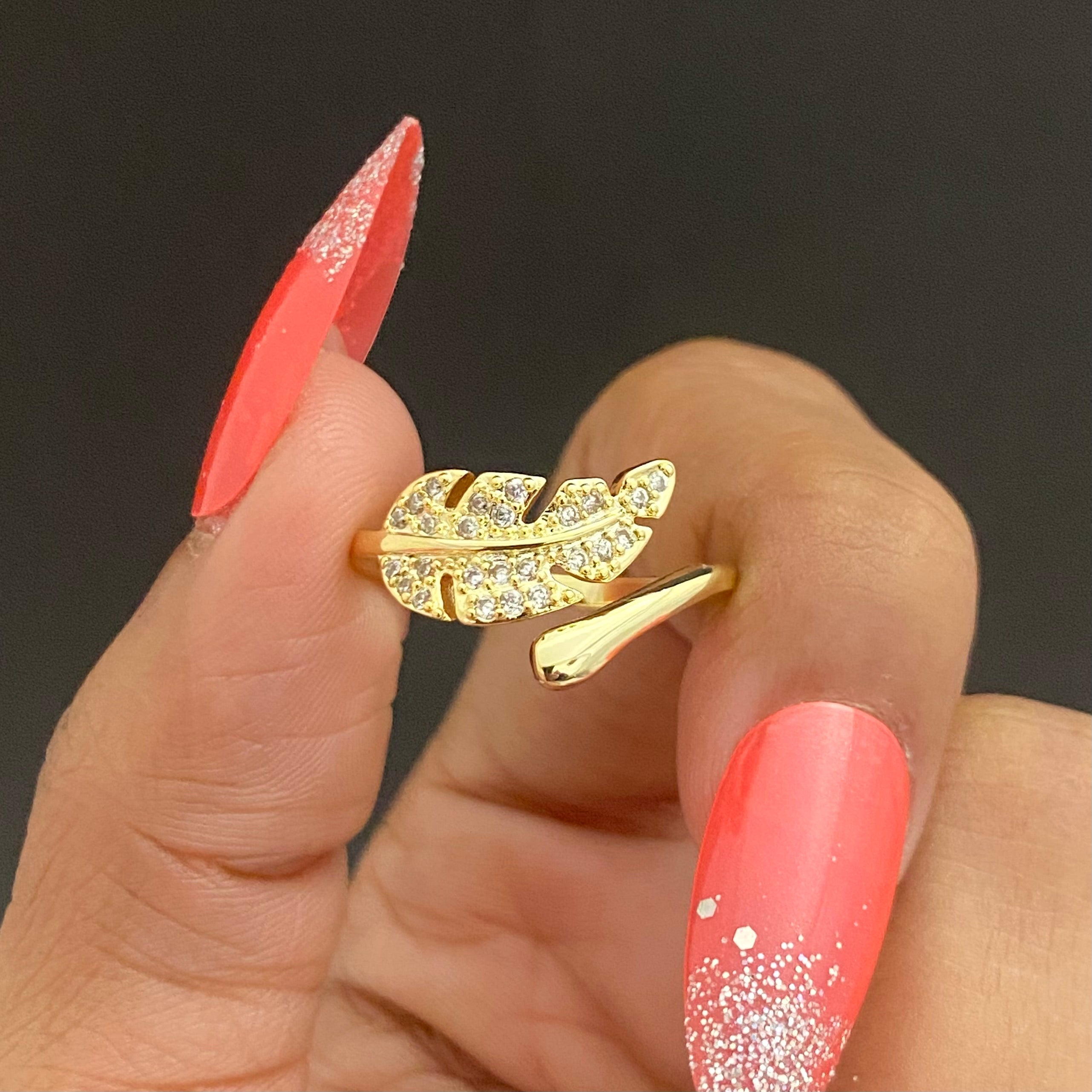 Adjustable Golden Stone Studded Leaf Ring