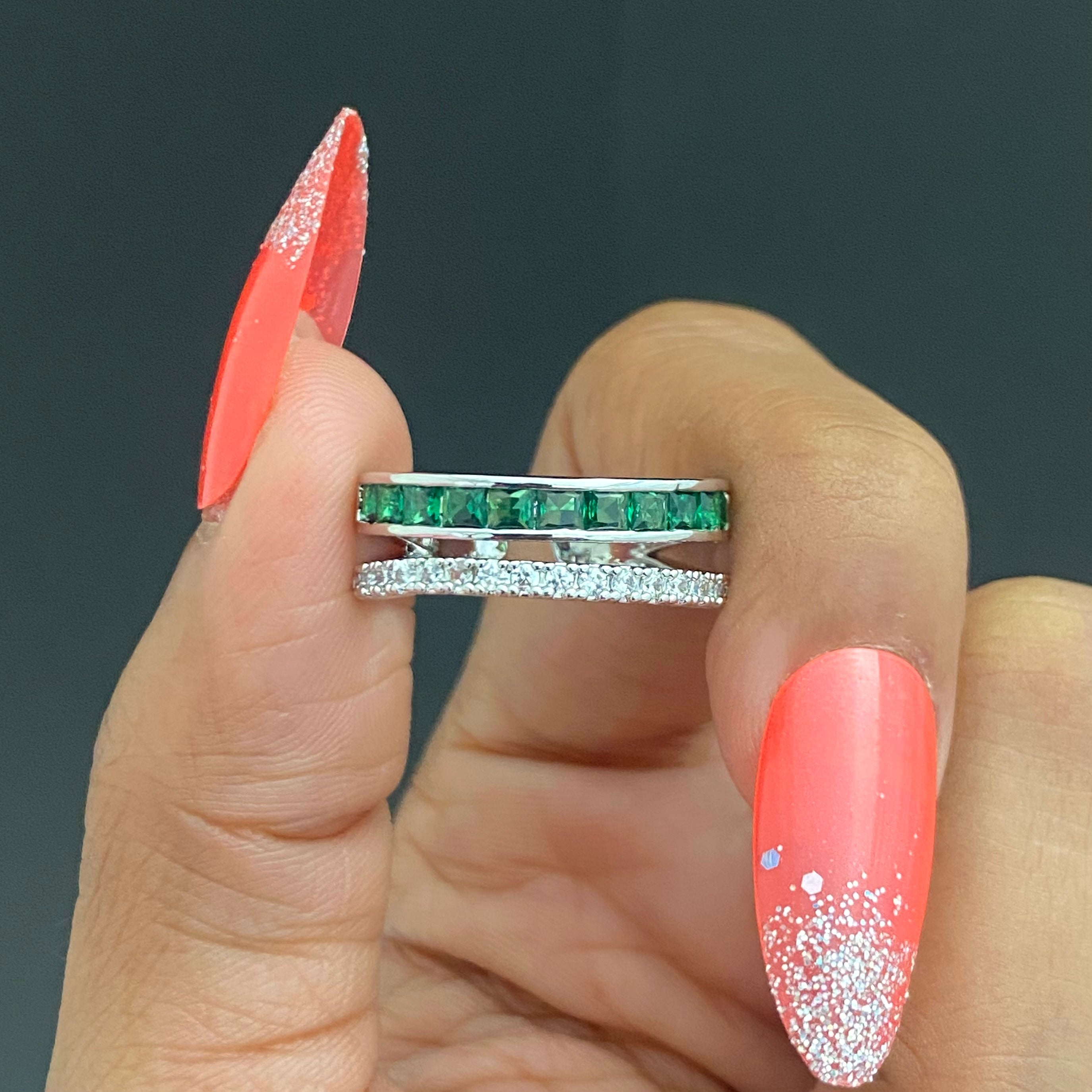 Adjustable Silver Green Stone Studded Layered Ring