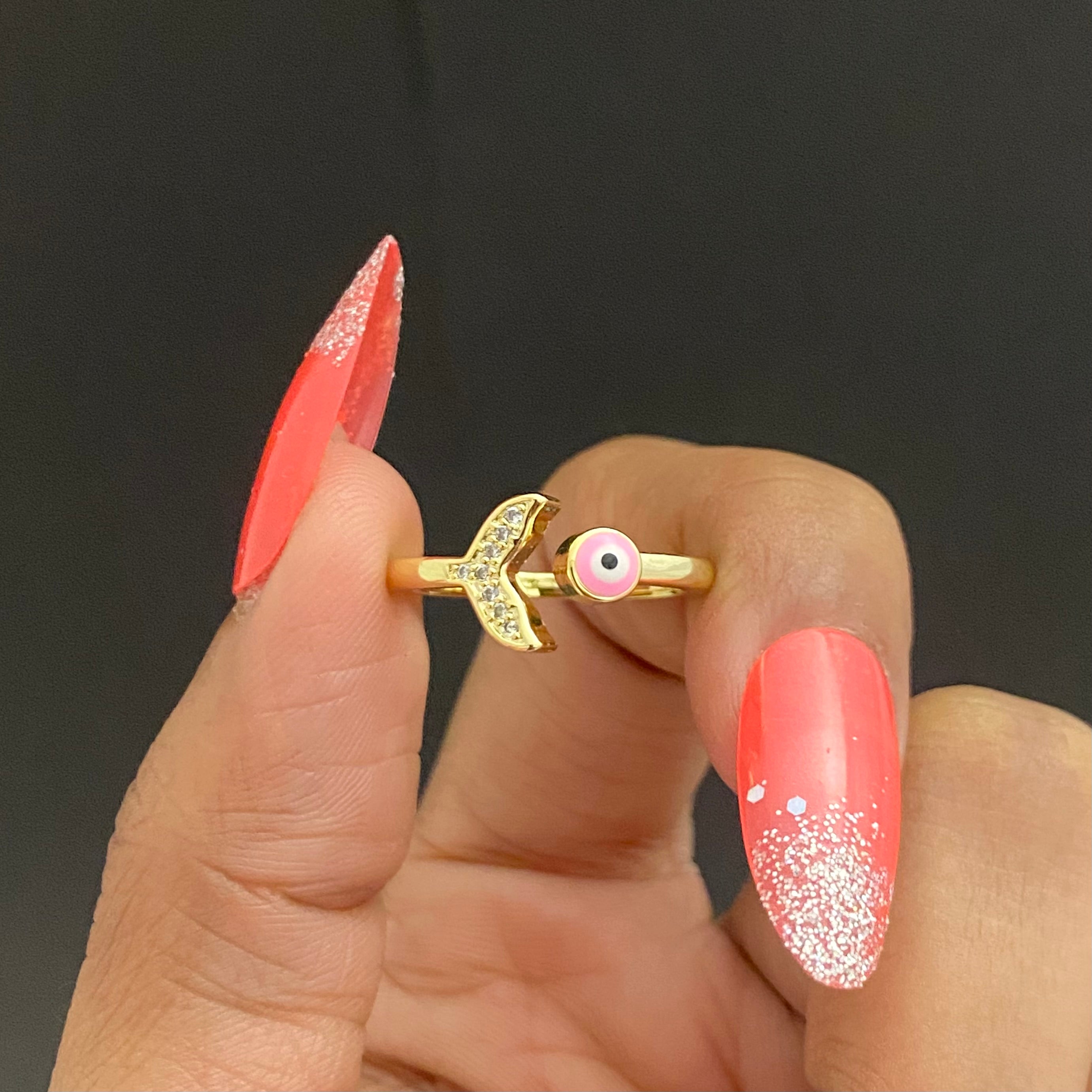 Adjustable Golden Stone Studded Pink Evil Eye Tail Ring