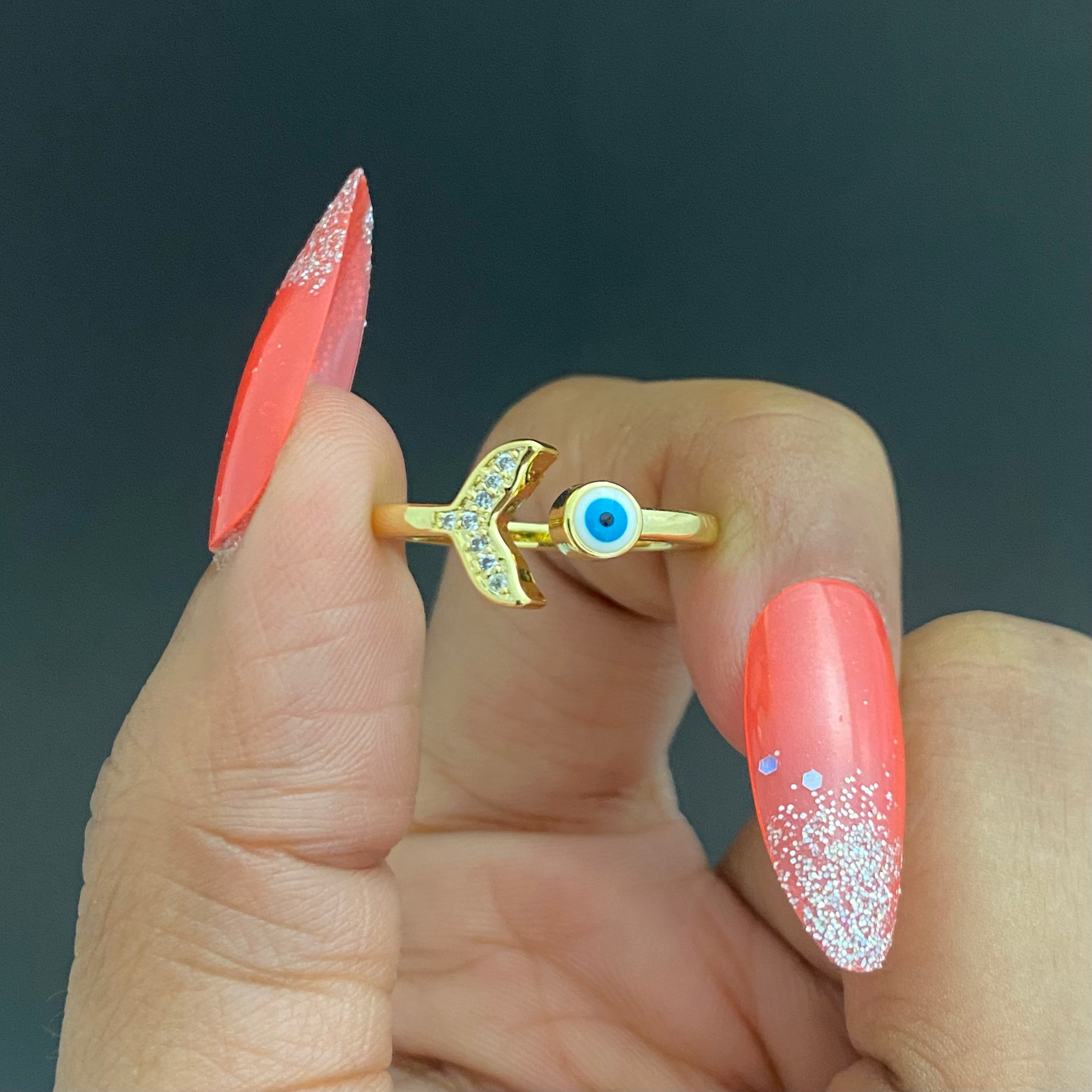 Adjustable Golden Stone Studded White Evil Eye Tail Ring