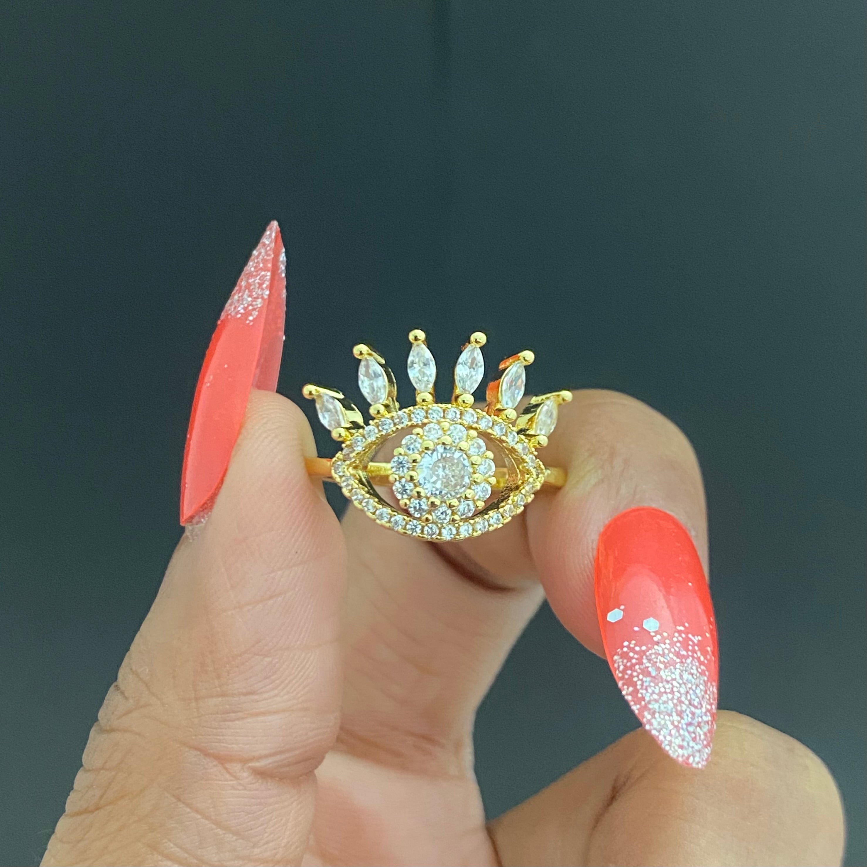 Adjustable Golden Stone Studded Evil Eye Ring