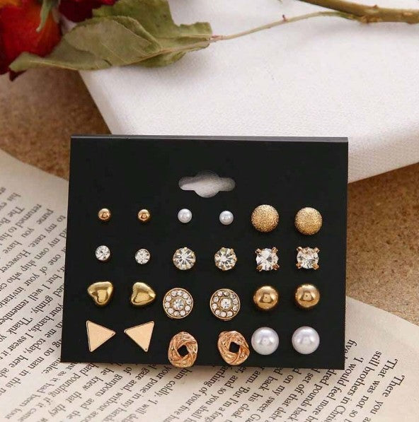 Set of 12 Stud Earrings  Gold & Silver