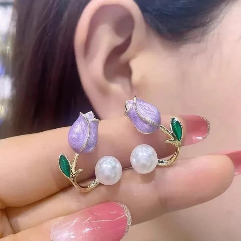 Korean Style Flower pearl Ear studs For Women (Red Colour)